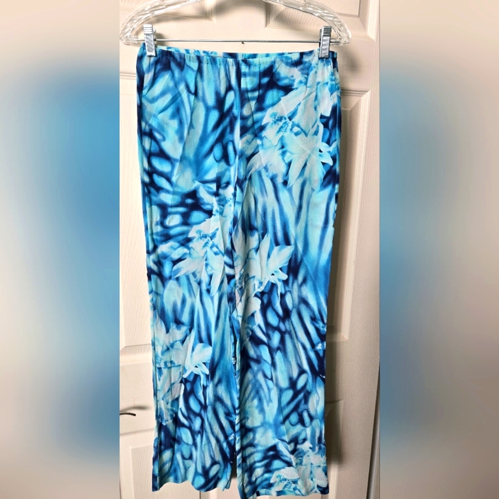 Escada Blue Patterned Silk Flowy Pants Size 34 Waist Pull On With 39" Length